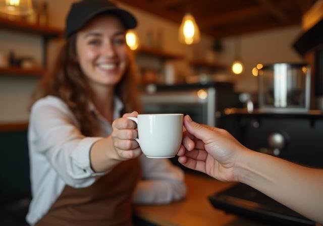 Friendly barista handing a freshly brewed coffee cup to a smiling customer at The Entrance Cafe counter
