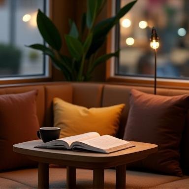 Cozy reading nook area inside The Entrance Cafe with soft lighting