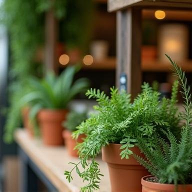 Detail shot of cafe interior with plants and natural decor