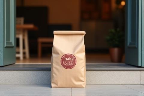 Delivery bag with The Entrance Cafe logo placed on a doorstep, suggesting contactless delivery
