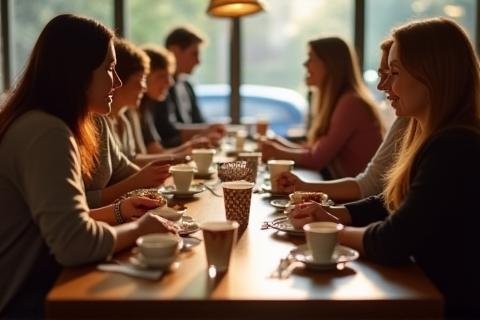 Customers enjoying coffee and food at a table inside The Entrance Cafe with natural light