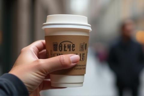 Hand holding a takeaway coffee cup with The Entrance Cafe logo against a blurred street background